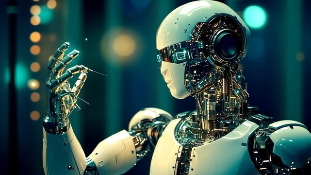 A robot with a white body and black head is holding a pointer finger. The robot is surrounded by a dark background, giving it a futuristic and mysterious appearance