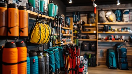 A vibrant camping store showcasing neatly organized trekking poles, boots, and water bottles. digital