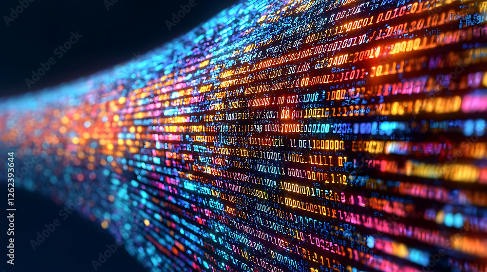 Poster vibrant, flowing stream of digital code a dynamic visual metaphor for data flow, innovation, and tec