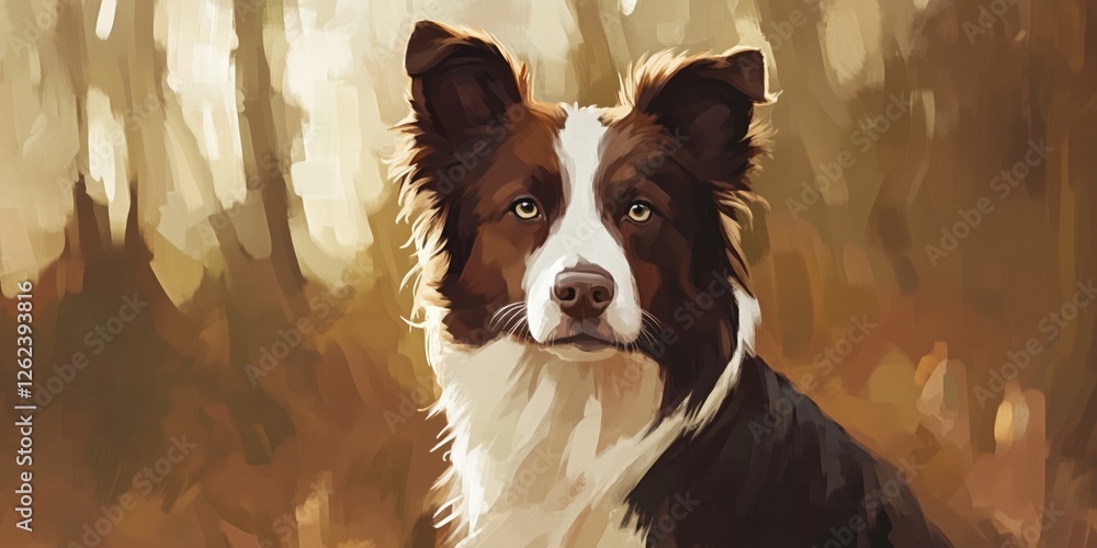 Poster border collie portrait in autumn forest setting with warm tones and soft focus background
