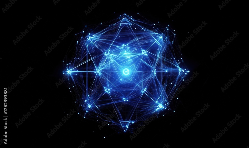 Poster abstract representation of atomic structure with interconnected nodes and glowing lines
