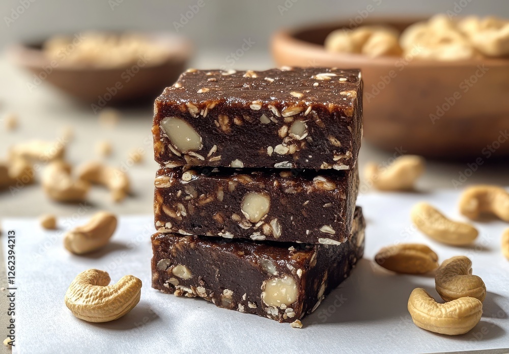 Poster homemade nutritious energy bars made from nuts and seeds stacked on a surface with cashews in the ba