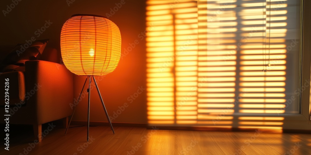 Canvas Prints Warm glow of modern lamp casting striped shadows on wall and floor in cozy living room