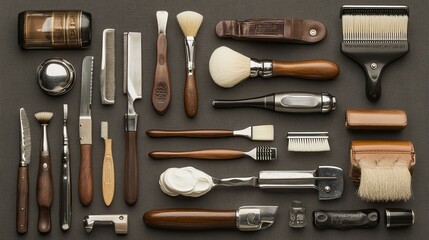 A flat lay of menâ€™s shaving tools, including straight razors, brushes, and shaving cream. digital