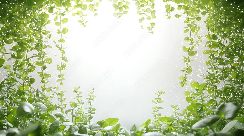 Wall mural Lush green vines hang framing a bright background, a natural background for quotes