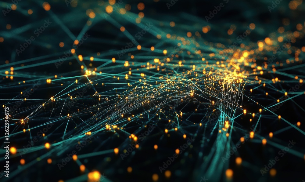 Poster Abstract digital network visualization with glowing nodes and interconnected lines