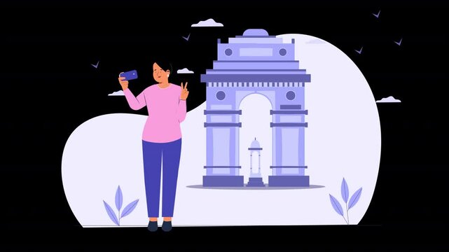 Flat vector animation showcasing Indian culture and travel, with characters visiting iconic landmarks, enjoying local traditions, and experiencing the rich heritage of India.
