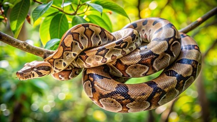 Naklejka premium Vibrant Python Coiled on a Branch Surrounded by Foliage