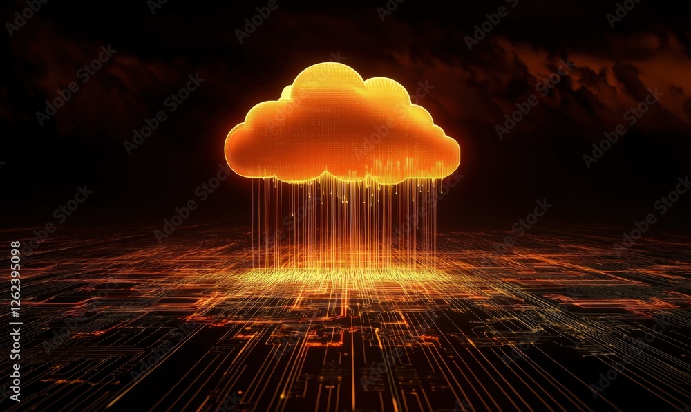 Poster digital cloud computing concept with glowing orange cloud and data streams