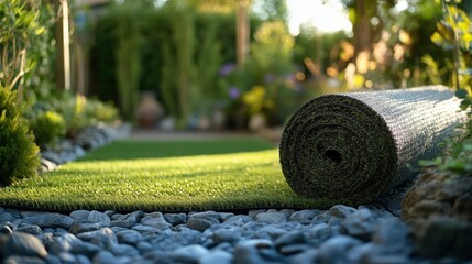 Laying artificial grass roll in a garden with pebbles and plants