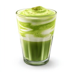 Iced matcha latte with creamy foam top on white backdrop studio shot