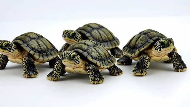 Four realistic turtle figurines arranged on a white background in a creative display highlighting their intricate details