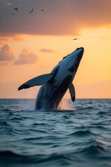 Obraz premium Majestic Humpback Whale Breaching at Sunset
