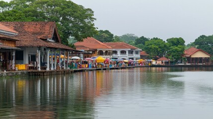 Fototapeta premium Tropical market by a lake, colorful stalls, people shopping, calm weather