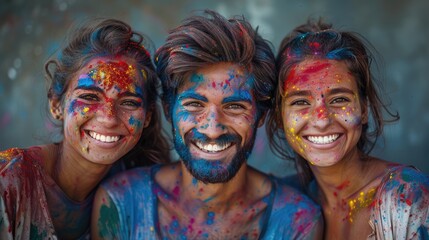 Obraz premium Three friends smile joyfully while covered in bright colored powder Holi festive.