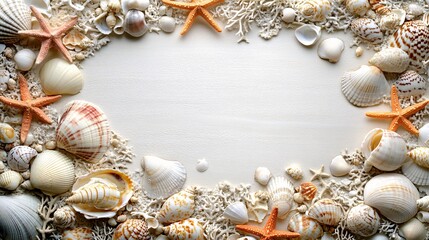 Fototapeta premium A serene tropical beach with seashells and starfish creating a natural border, inviting relaxation and providing space for text on a summer holiday theme.