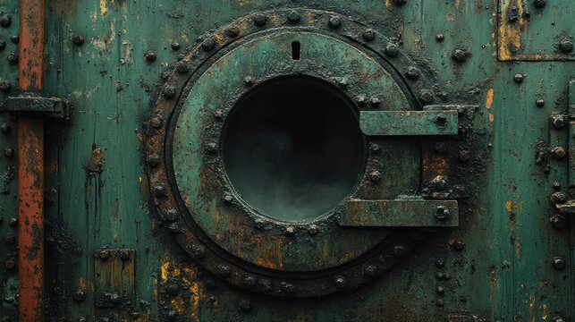 Rusty metal hatch on weathered industrial tank