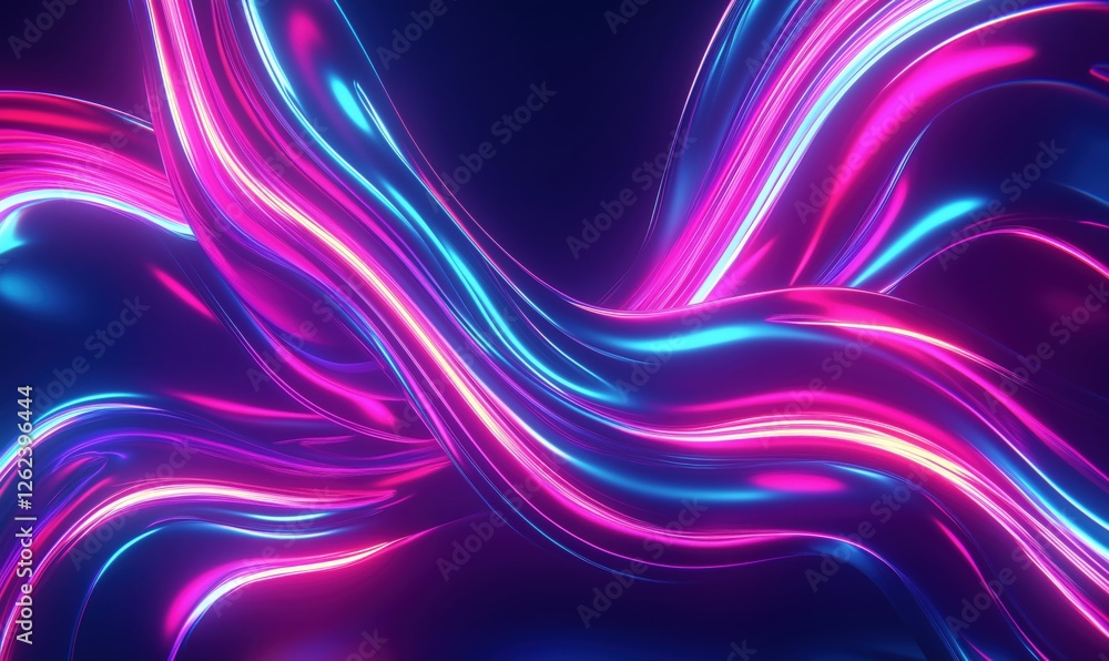 Poster vibrant flowing neon waves in pink and blue hues creating a dynamic abstract background