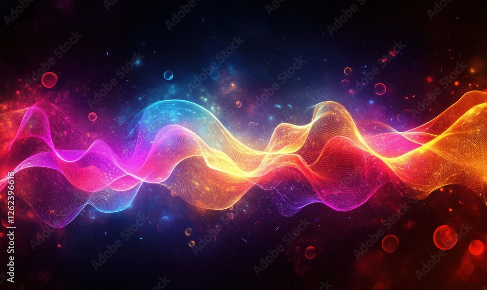 Aufkleber colorful abstract wave patterns with glowing particles and cosmic background