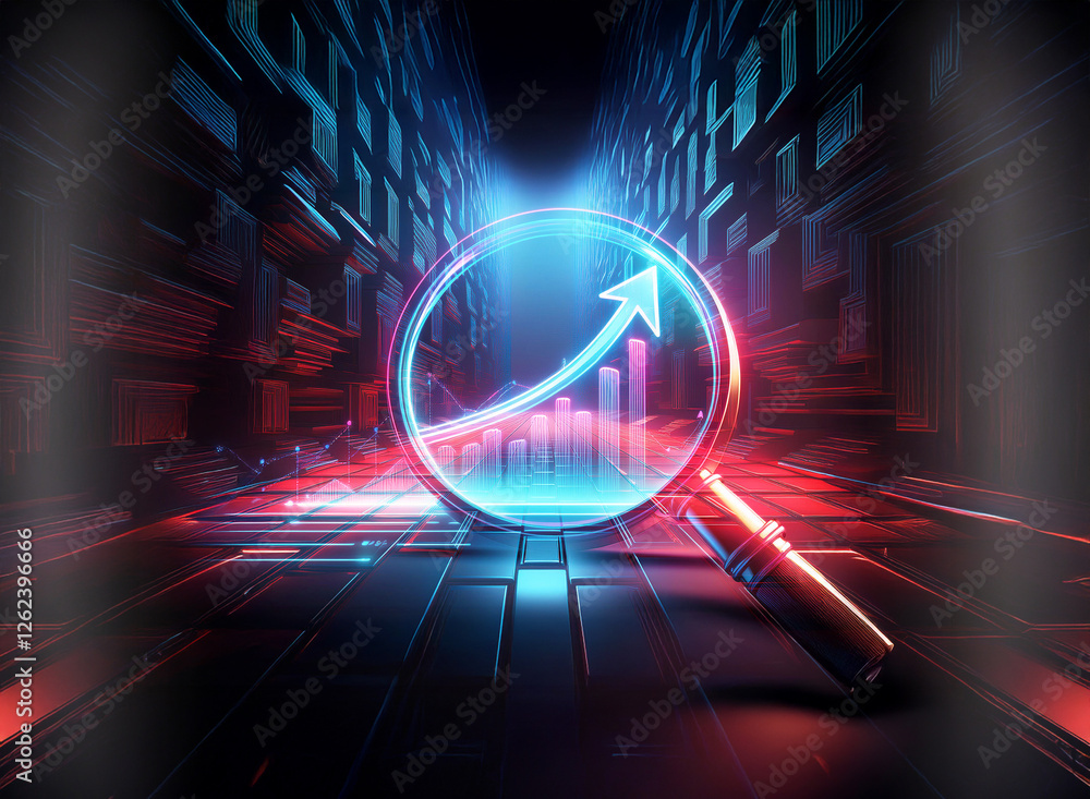 Poster a vibrant, futuristic double exposure image features a magnifying glass examining a graph with an up