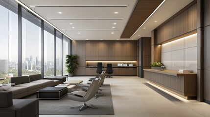 Fototapeta premium Modern office interior with city skyline view