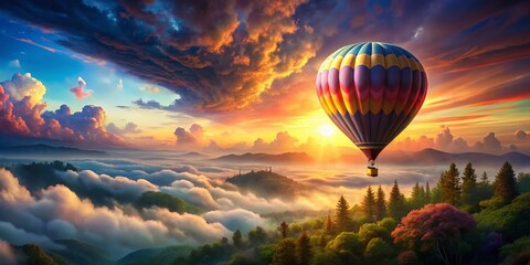 Fototapeta premium Panoramic Hand-Painted Hot Air Balloon Illustration, Cloudy Sky, Whimsical Art