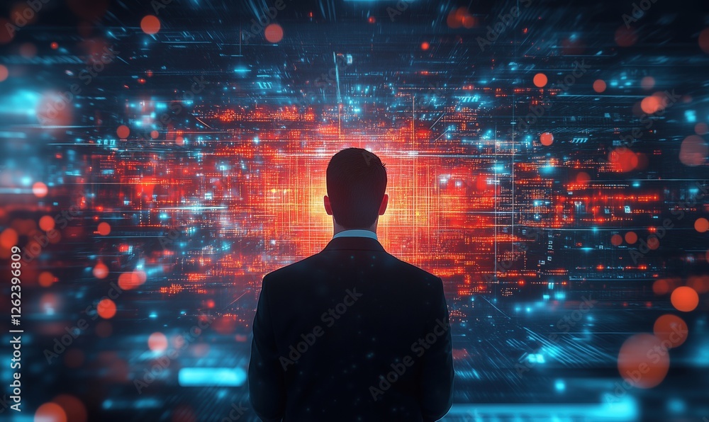 Poster man in suit observing digital data visualization with vibrant colors and patterns
