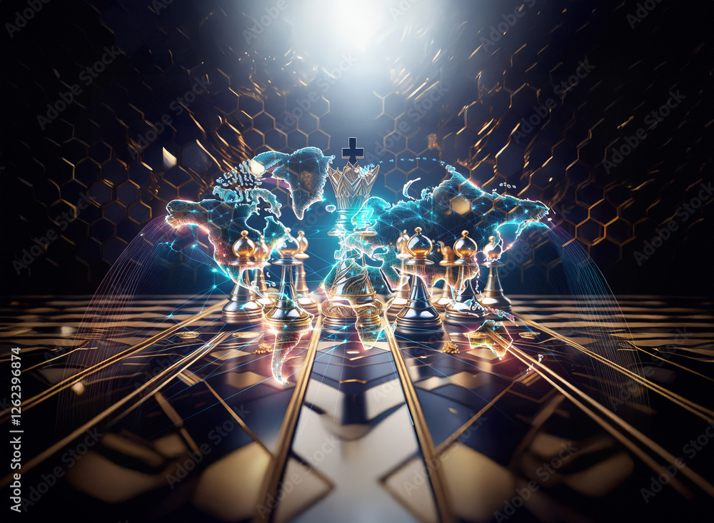 Poster dynamic chess pieces with a double exposure effect create a futuristic and intense strategic game sc