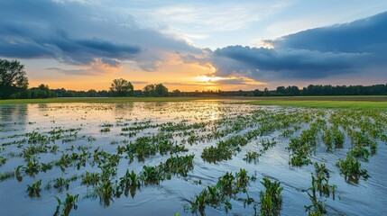 A flooded agricultural field, with crops submerged under water after a heavy rainfall, symbolizing the increasing vulnerability of agriculture to extreme weather events caused by climate change