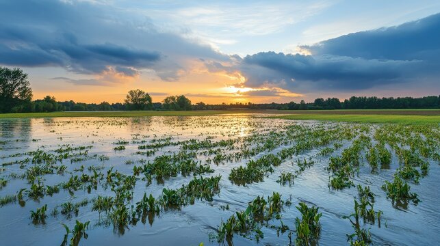 A flooded agricultural field, with crops submerged under water after a heavy rainfall, symbolizing the increasing vulnerability of agriculture to extreme weather events caused by climate change
