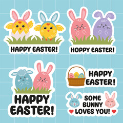 Easter sticker bundle with bunny, egg, chicken. Easter holiday design elements set. Happy Easter typography message with festive rabbit, bunny eggs, basket, bee, rainbow in cute childish style.