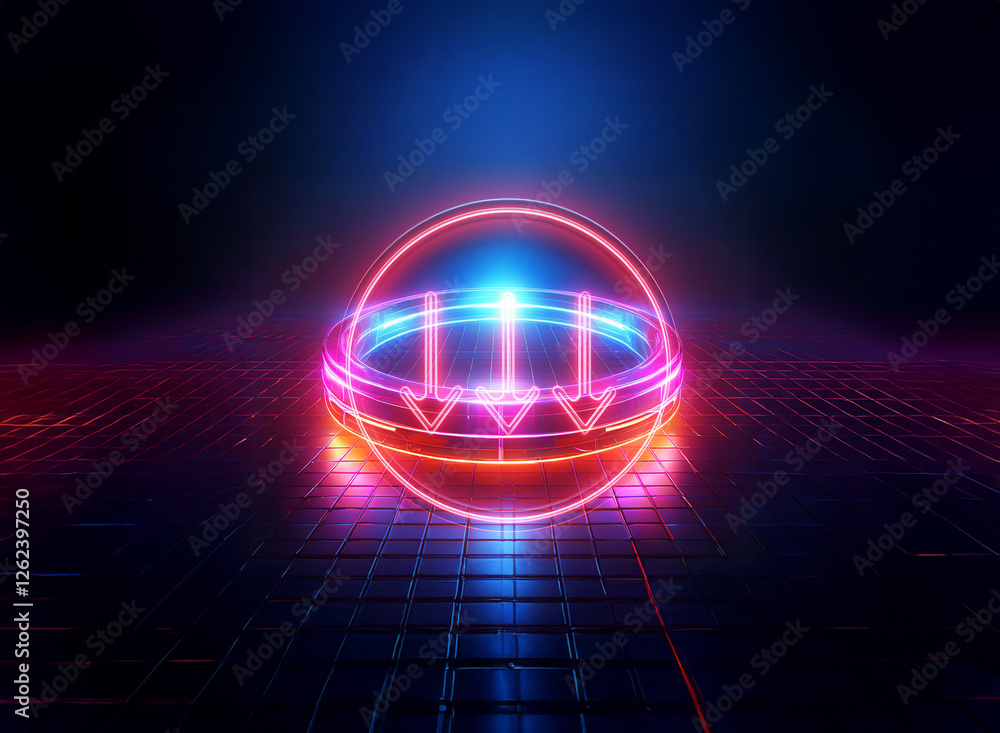 Poster a double exposure effect creates a neon circle with arrows pointing down, glowing red and blue on a 