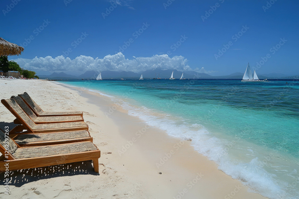 Canvas Prints A Sandy Beach On Jost Van Dyke, Turquoise Water, Sailboats In The Distance, Tropical Paradise