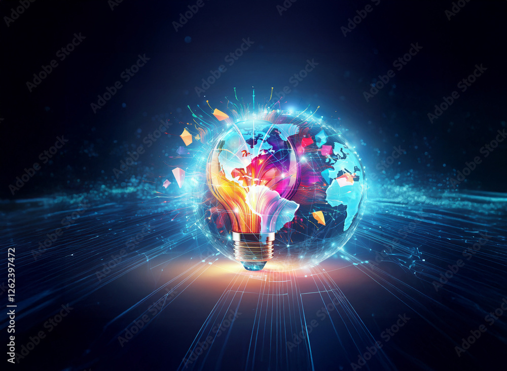 Poster double exposure image features a glowing light bulb filled with a world map, symbolizing global idea