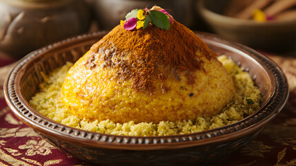 A traditional Moroccan spice mix known as Ras El Hanout, made with over 20 ingredients like cumin, coriander, cinnamon, and rose petals, used to season couscous and tagines.