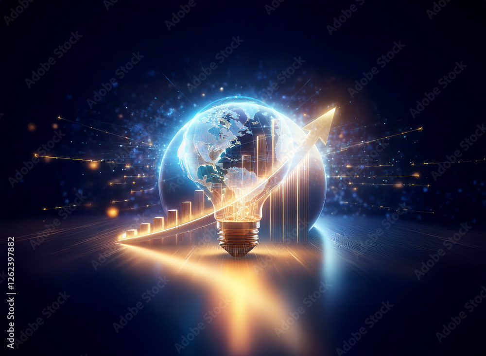 Poster a double exposure image featuring a light bulb textured with a world map, illuminated by an upward a