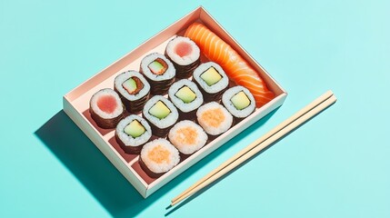 A sushi platter arranged in a stylish delivery box with minimalist chopsticks. digital