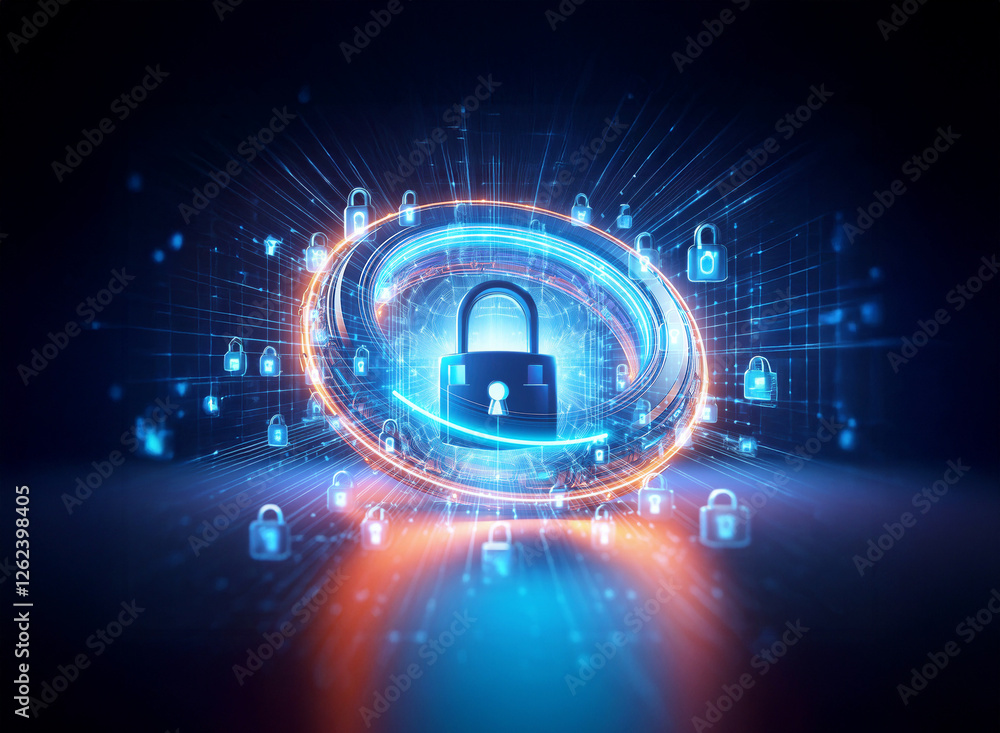 Poster a double exposure image features a bright central padlock with glowing light trails, surrounded by s
