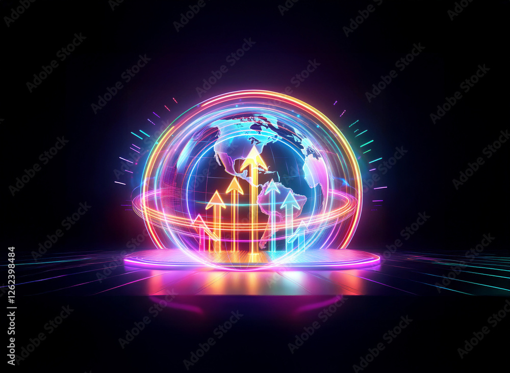 Poster vibrant double exposure of a glowing globe with upward arrows, illuminated on a pedestal against a d
