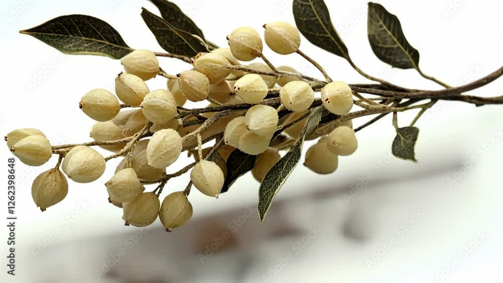Poster delicate cluster of soft white berries on a branch against a light background in a natural setting