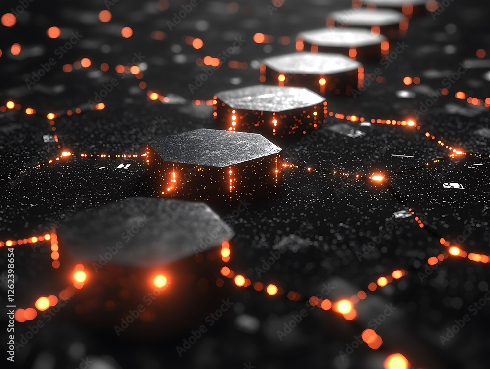 Poster abstract dark background with glowing hexagonal shapes interconnected by bright orange lines. ideal 