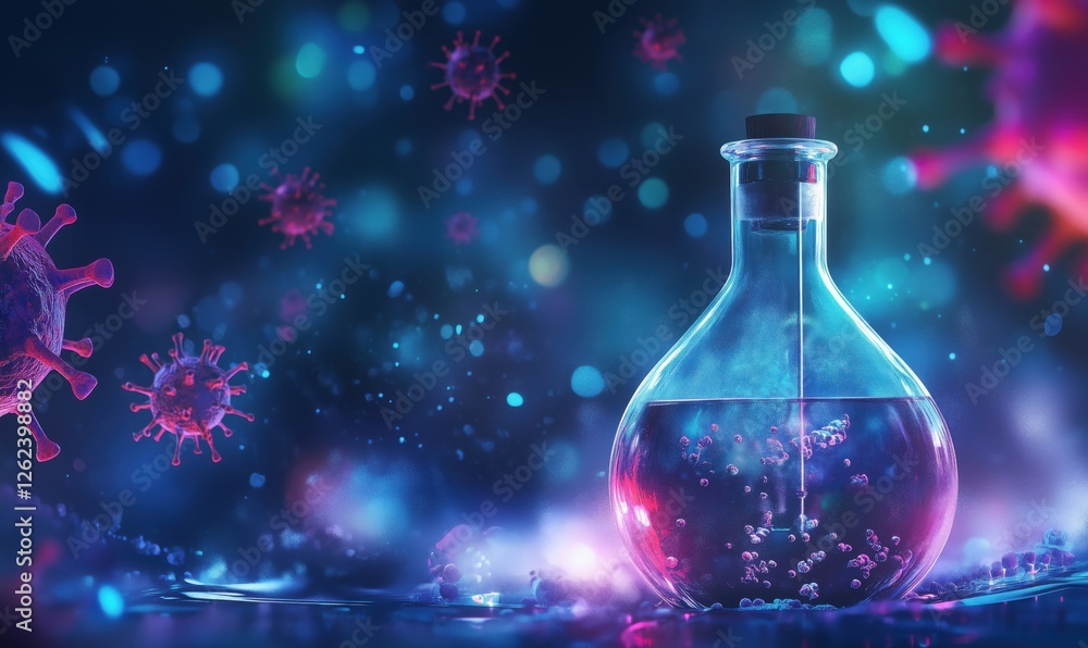 Poster laboratory flask with colorful liquid surrounded by virus particles and glowing bubbles