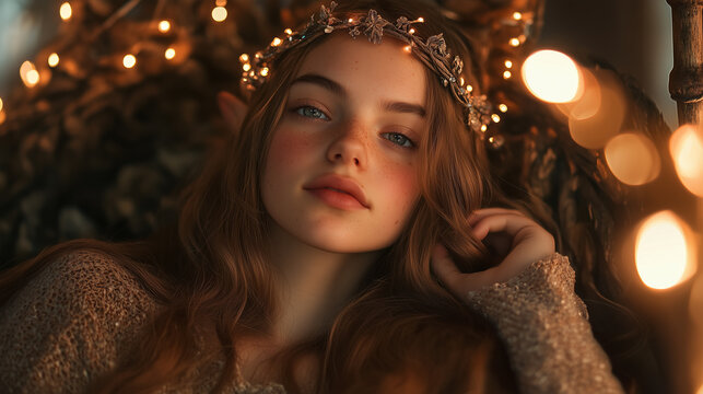 elf queen sits pensively on crystal throne, radiating ethereal beauty and serene power, gazing softly with gentle sadness