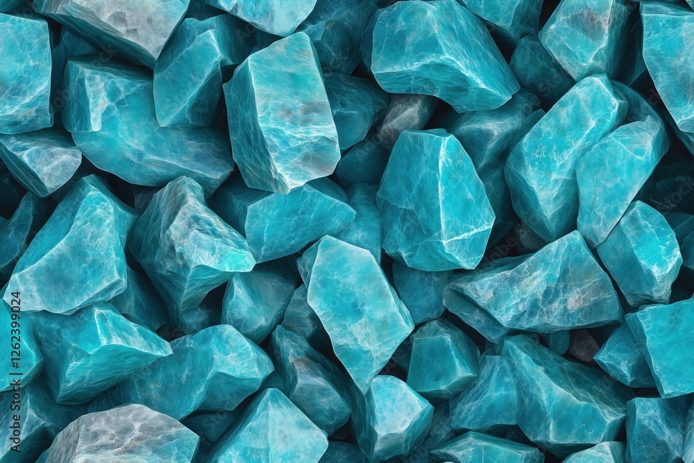 Poster seamless amazonite pile of turquoise-colored stones, showcasing their rough texture and natural patt