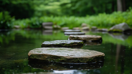 Floating stones serene path across tranquil pond in lush gardens inspire zen like calm and mindfulness, promoting sense of peace
