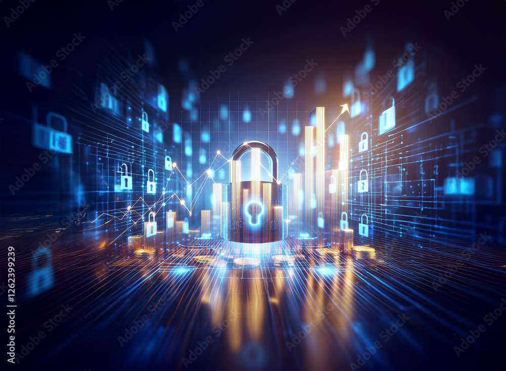 Poster futuristic double exposure showing digital security concept. glowing padlocks and circuit board with
