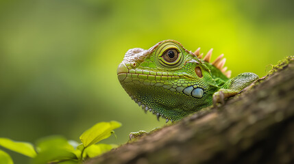 Fototapeta premium vibrant green iguana lounges on branch, observing its surroundings with alert curiosity in lush setting