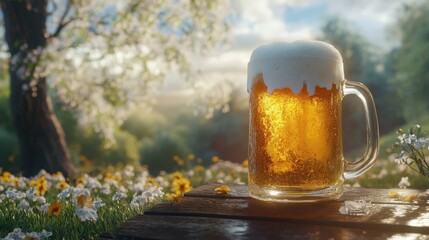 A frosty beer mug with a thick head of foam, sitting on a picnic table in a scenic countryside setting, perfect for an outdoor celebration.