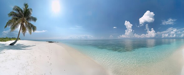 Tropical beach panorama Palm tree, white sand, turquoise water, sunny sky, travel