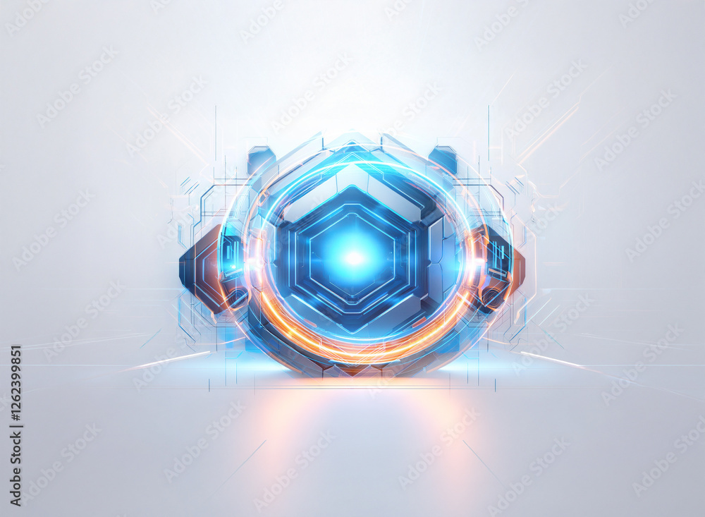 Poster futuristic abstract technology object with glowing hexagon core, showcasing a double exposure effect